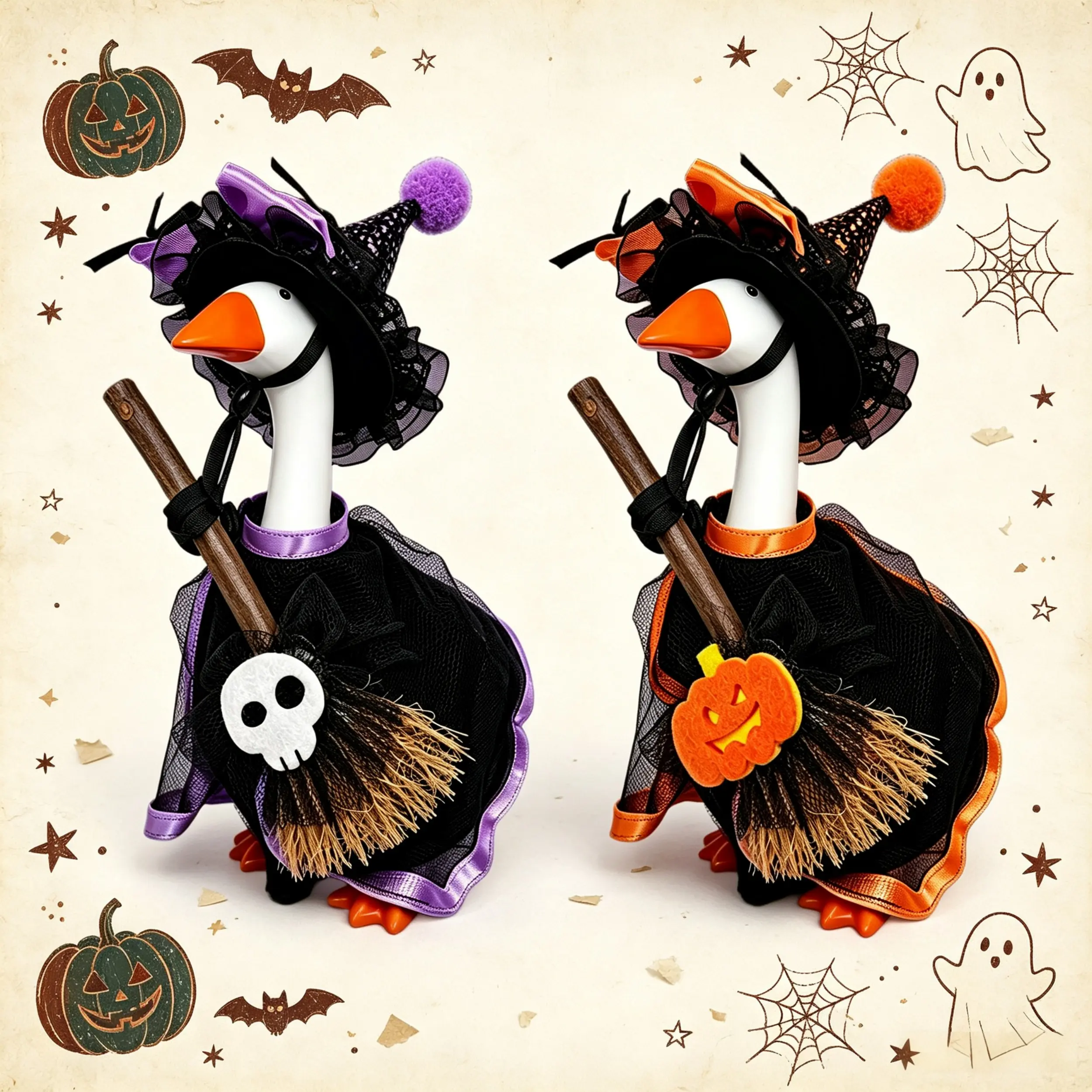 7 Inch Mini Desk Goose Halloween Witch Costume Set, 2 Pcs Lace Witch Dress Hat with Skull & Pumpkin Broom Accessories, Spooky Desktop Goose Outfit Fall Tabletop Decor