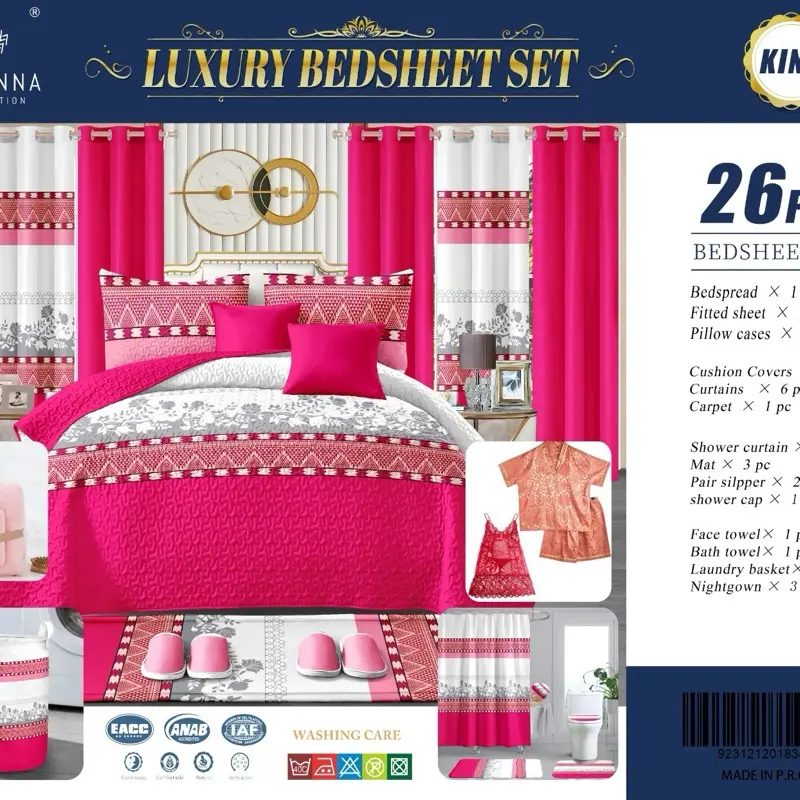 Luxury Bedsheet Set - 26pcs, Includes Bedspread, Fitted Sheet, Pillow Cases, Cushion Covers, Curtains, Carpet, Shower Curtain, Mat, Pair Slipper, Face Towel, Bath Towel, Laundry Basket, Nightgown