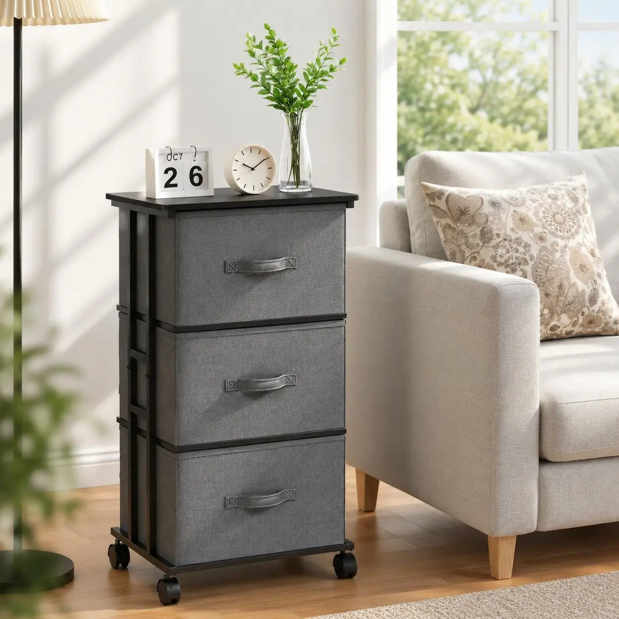 3-Drawer Rolling Fabric Storage Cabinet, Mobile Nightstand End Table with Detachable Drawers, Bedside Dresser Organizer with Metal Frame & Wheels for Bedroom, Closet, Small Spaces, Clothes Storage