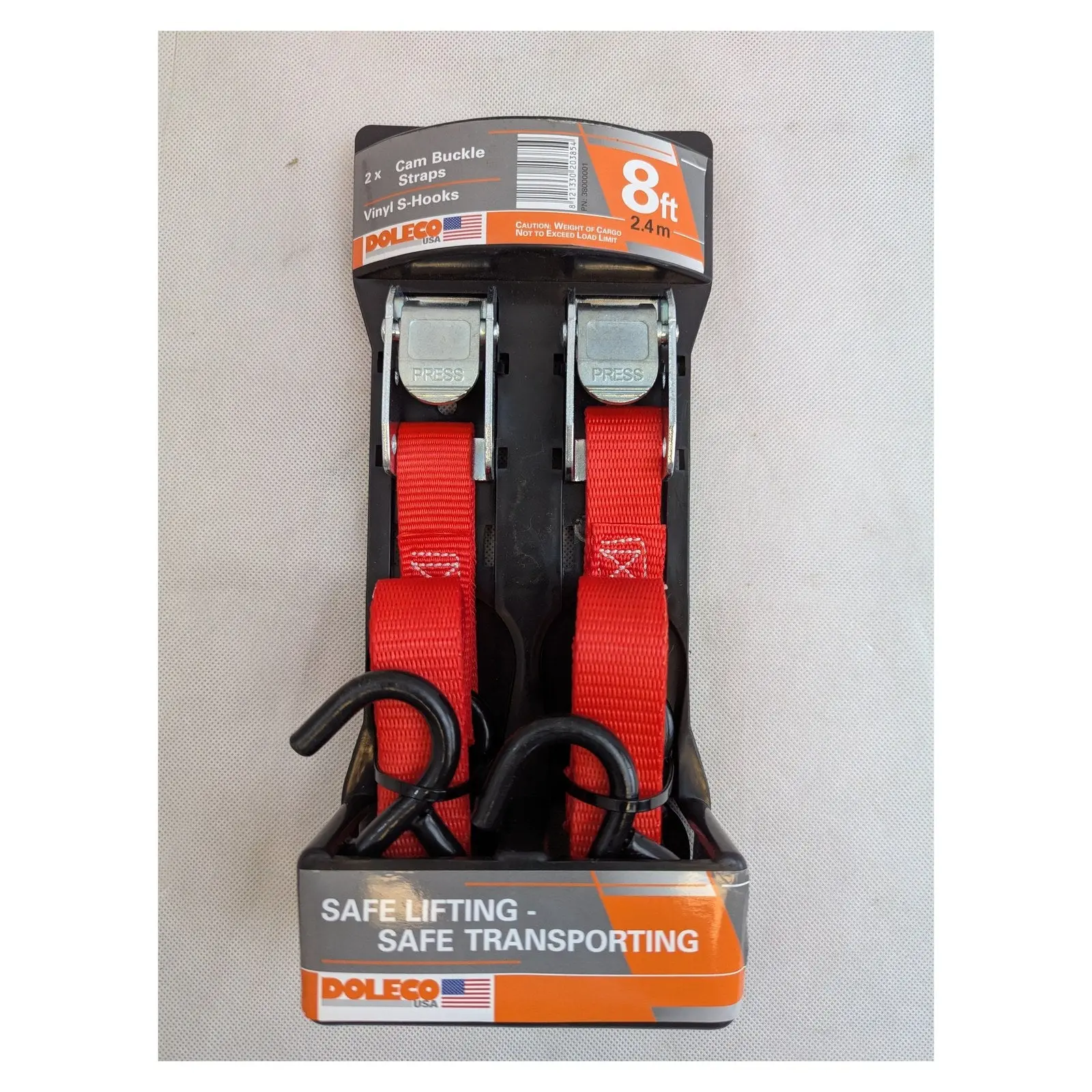 Doleco USA Tie-Down Cam Buckle Strap 1" x 8' Lashing Strap (Pack of 2)