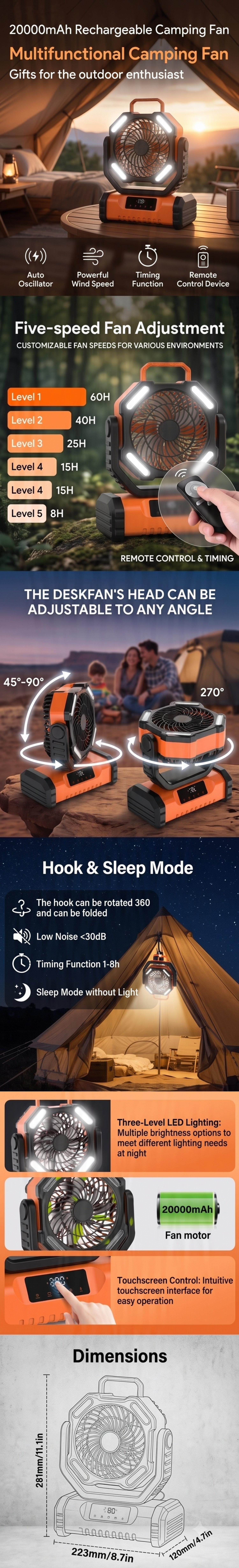 20000mAh Rechargeable Portable Camping Fan - LED Lantern, Remote Control, Auto-Oscillating Quiet Desk Fan with 360° Hanging Hook for Outdoor, Emergency, Bedroom Use