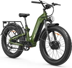 FREESKY 3500W Dual Motor System Electric Bike, 200NM Fast 105Miles Long Range EBike, Full Suspension Electric Mountain Bike, 26'' Fat Tire Electric Bicycle for Man Womens Hunters,48V 25Ah Removable Battery Ebike--Green Version
