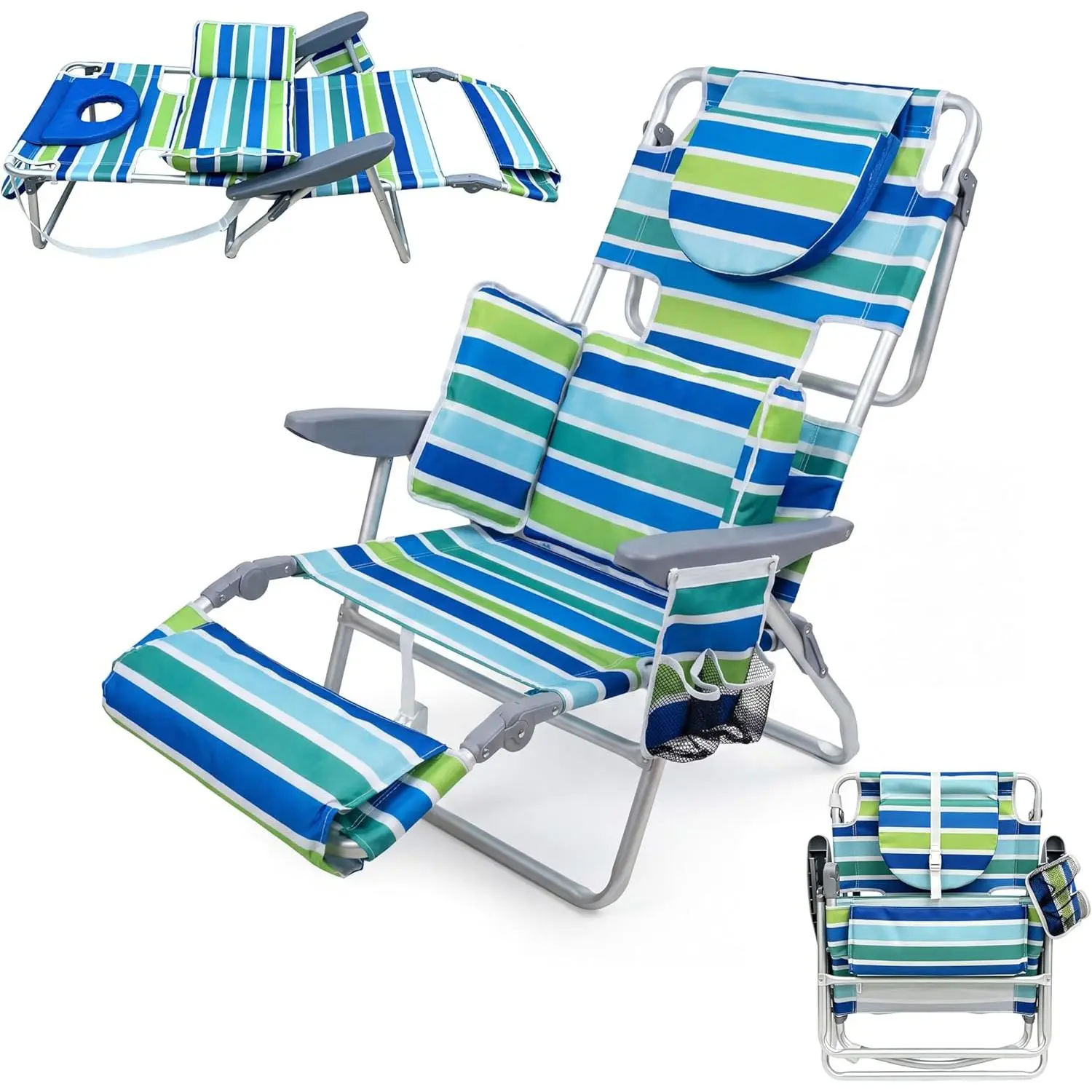 Face Down Sunbathing Beach Chair with Face Hole & Arm Slots, 5-Position Reclining Lay Flat Tanning Chair with Footrest, Lightweight Backpack Chair with Shoulder Straps for Tanning & Reading, Heavy Duty Folding Sand Chair, Supports 330 lbs
