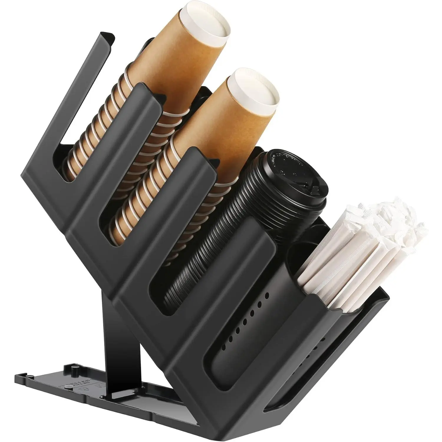 Modern Durable Plastic Paper Cup & Lid Holder with Straw Organizer, Countertop Disposable Coffee Cup Dispenser for Coffee Station, Bar