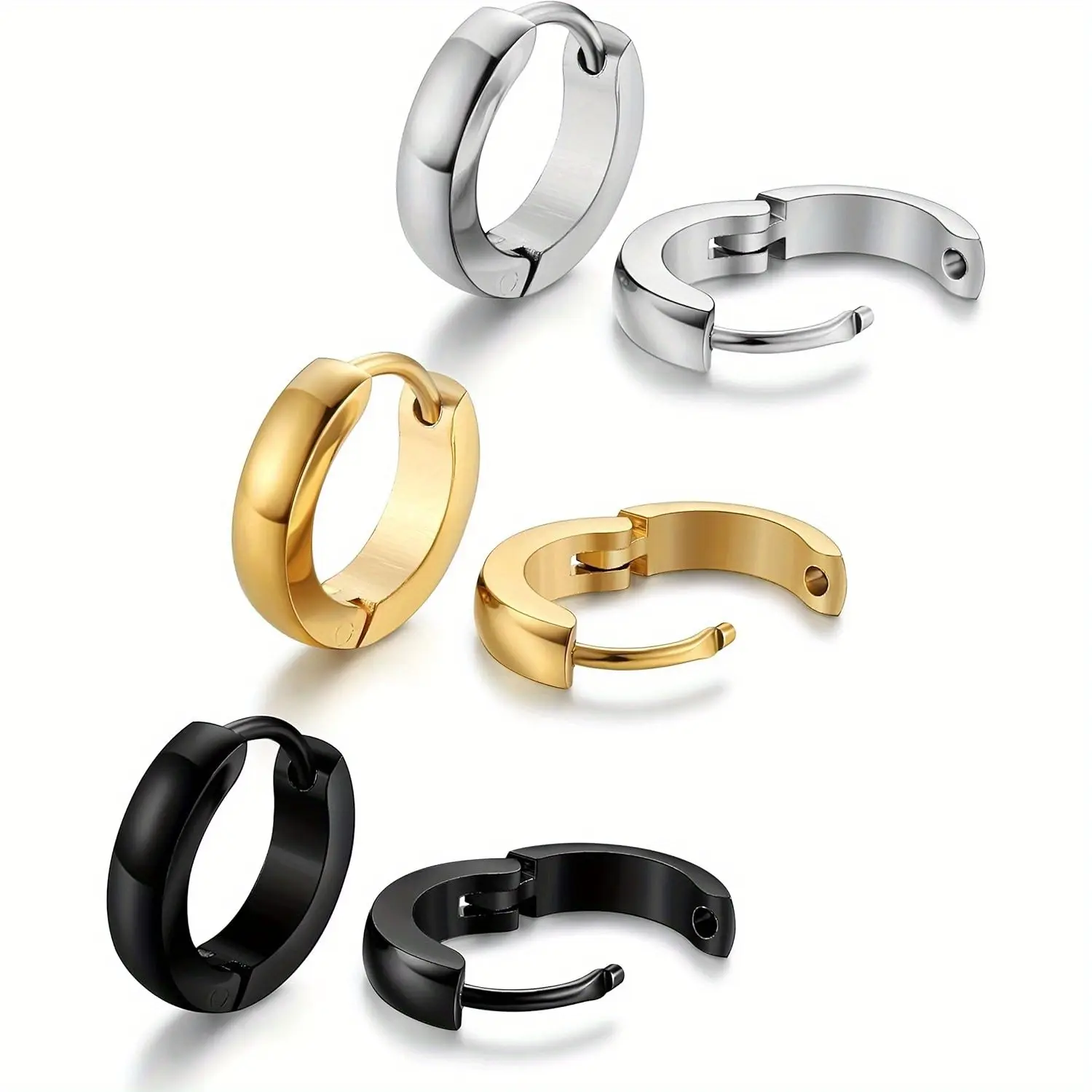 3 Pair Small Stainless Steel Hoop Earrings, 12mm Unisex Set in Gold, Silver & Black, Hypoallergenic & Tarnish Free Fashion Jewelry for Earring Stacks, Fashionable Earrings