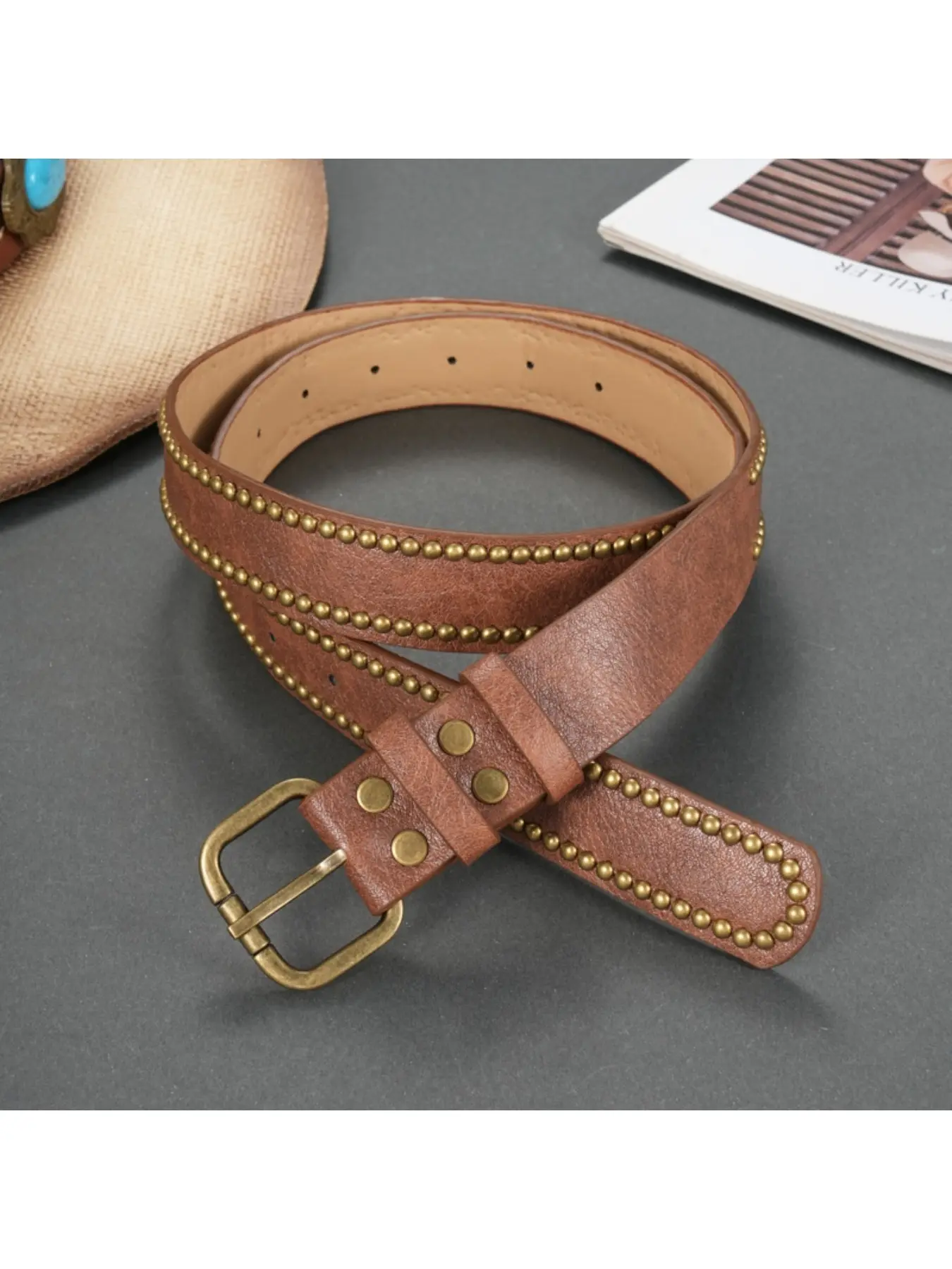 Vintage Brown Rivet Decor Belt, Double Row Round Stud Design, Simple Square Buckle, Daily Commute Pants Belt, Rivet Decorated Belt, Decorative Belt, Fashion Vintage Belts, Fashion Belt, Casual Waist Belt