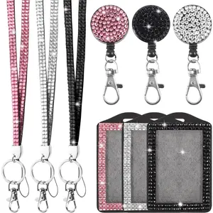 Upgraded 9-in Rhinestone Lanyards (3 Sets, 3 Colors) - Cute Bling Premium Decorative Accessory with Retractable Badge Reels, Removable Badge Pins Holder for Women’s ID Use, Ideal for Sports & Outdoor Activities tiktokshopspringglowup, Badge Reels Retracta