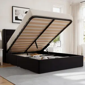 GOLDORO Full Size Upholstered Platform Bed Frame with Lift-Up Storage, Wingback Headboard, Hydraulic Lift Support, No Box Spring Needed, Black