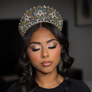 Royal Blue & Gold Crown Set - Luxury Crystal Tiara with Matching Earrings for Special Occasions