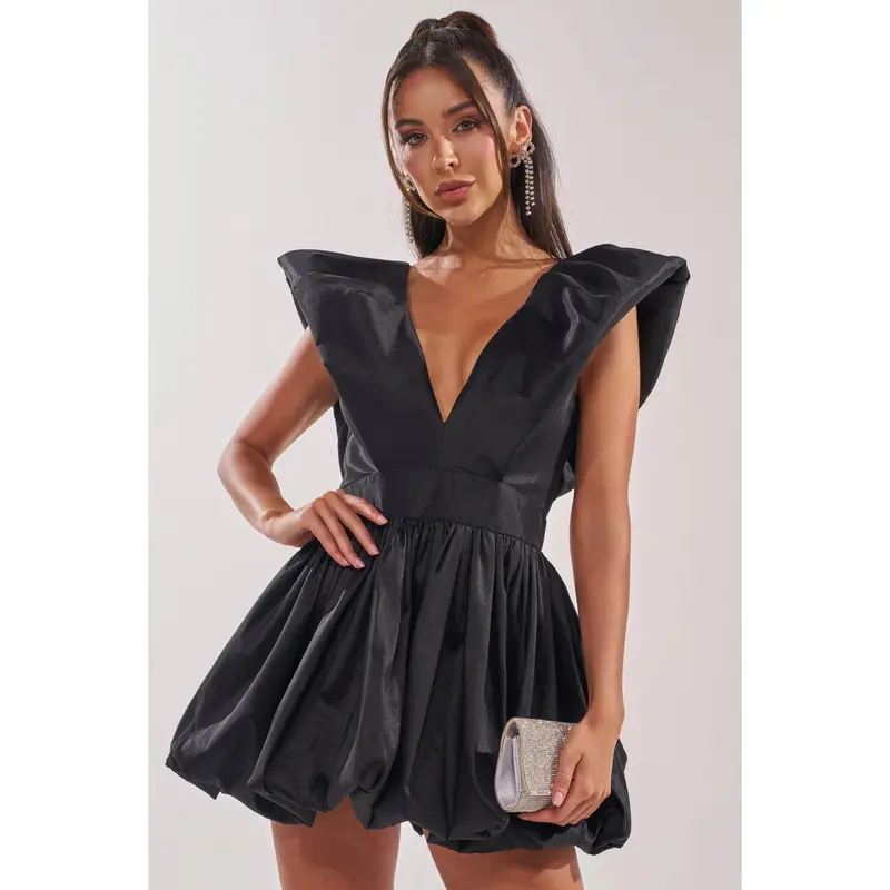 plunge neck black mini dress Jennifer Black Mini Party Dress - US 10