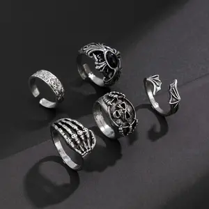 KunJoe Gothic Skull Claw Cross Ring Set for Men Vintage Silver Color Adjustable Open Rings Male Punk Jewelry Finger Accessories