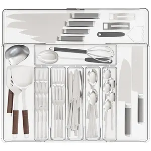Clear Expandable Silverware Organizer, 1 Count Large BPA Free Cutlery Organizer in Drawer, Kitchen Organization, Kitchen Storage, Plastic Utensil Drawer Organizer for Flatware, Knife, Fork, Spoon, Boxes