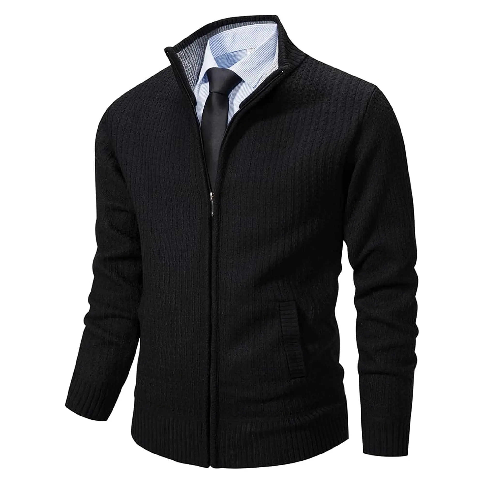 RongYue Men's Cardigan Sweaters Casual Knitted Full Zip Up Stand Collar Slim Fit Sweaters with Pockets