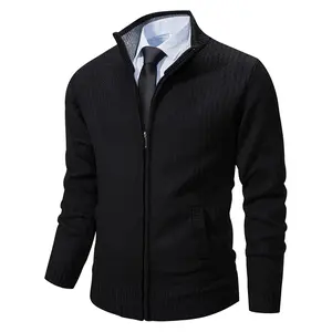 RongYue Men's Cardigan Sweaters Casual Knitted Full Zip Up Stand Collar Slim Fit Sweaters with Pockets