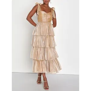 Lulus Radiant Arrival Shiny Gold Organza Tiered Tie-Strap Maxi Dress outfits Mesh Tropical Leopard Tube