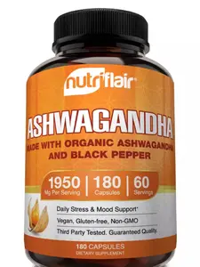 Nutriflair Organic Ashwagandha with Black Pepper 1600mg, Stress and Mood Support Supplement, Natural Dairy-Free and Vegan-Friendly - 180 Capsules