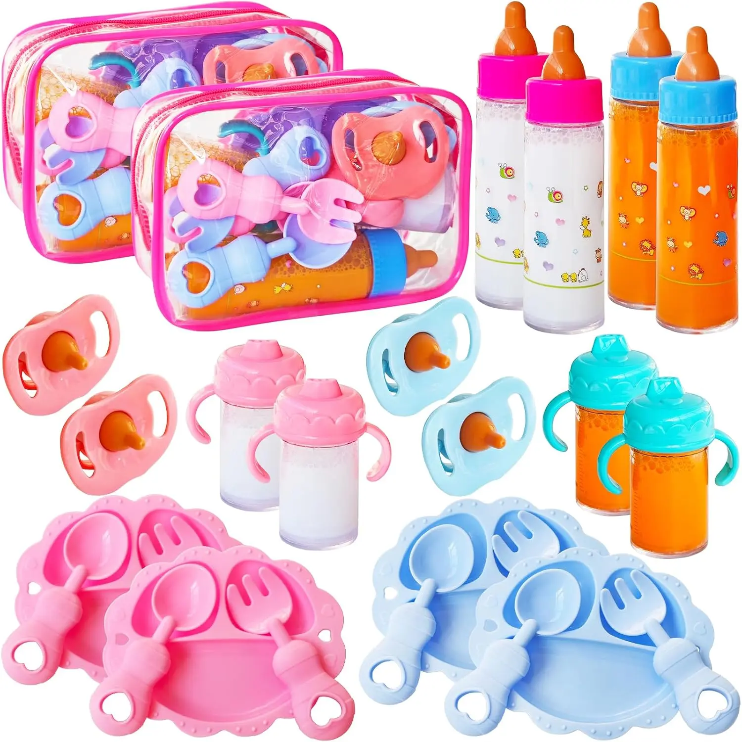 26 PCS Baby Doll Accessories Set for 12-18 Inch Dolls Pretend Play Feeding Kit with Magic Disappearing Milk & Juice Bottles Sippy Cups Pacifiers Bowl Spoon & Doll Care Accessories for Girls Toddlers