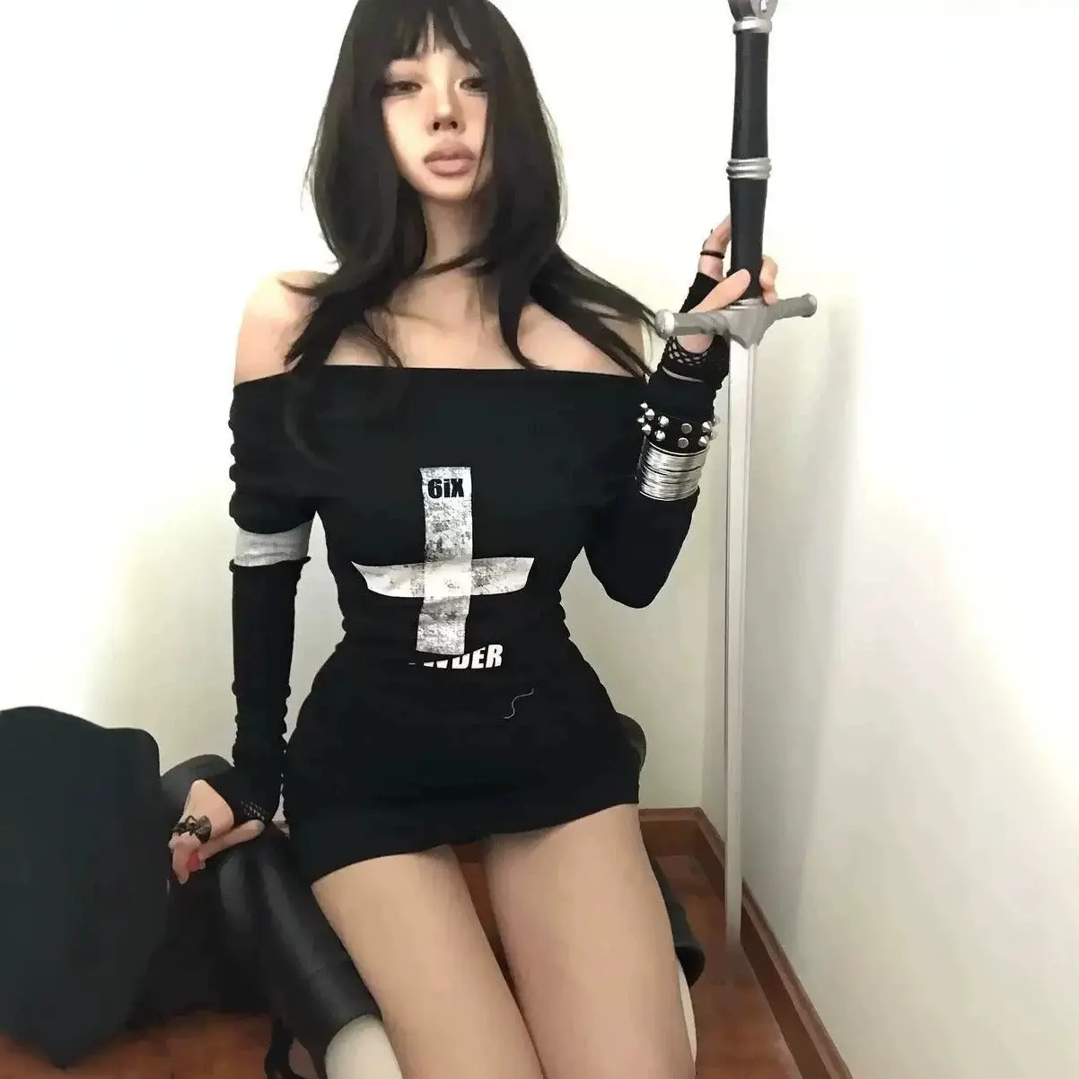 Y2K Punk Off‑Shoulder Bodycon Mini Dress Distressed Cross Graphic Long Sleeve Street‑Style Dress