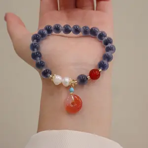 Natural 8MM Blue Soft Heart Agate Bracelet Women's Salt Source Peace Buckle Palace Style Blue Pearl Bracelet Gift Jewelry