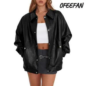 Women Fall Outfits 2025 Oversized Motorcycle  Clothes Faux Leather Pocket Winter Coats Zip Up Casual VintageMGLt