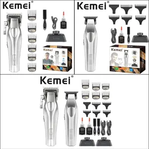 Km New Metal Silver Color Electric Hair Trimmer Set, Km-1798 Main Push + Km-3023-702 Carving Hair Trimmer, Wireless Fast Charging