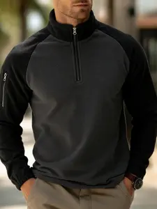 Men's Fleece Pullover Hoodie, Polar Fleece Patchwork Long Sleeve Sweatshirt, Fall Winter Casual Zipper Trendy Hoodie