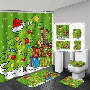 1/4pcs Christmas Theme Shower Curtain Set, Tree Hat and Gift Design, Non-Slip Mat, U-Shaped Rug, Toilet Lid Cover, Includes 12 Hooks, Bathroom Decoration Accessories