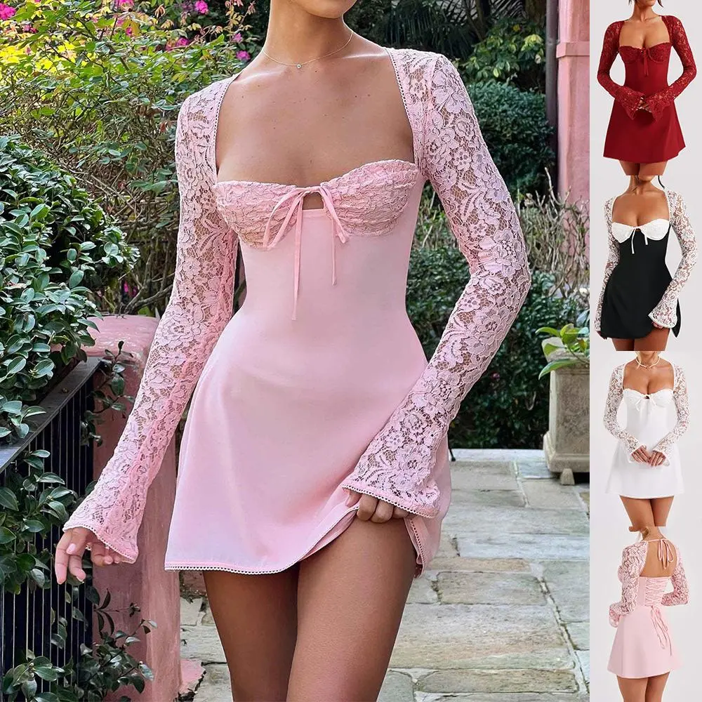 Women's Soft Lace Long Sleeve Short Dress - Corset Backless Tie, Slim Bodycon, Casual Elegant Fashion Womenswear, Basic, Comfortable