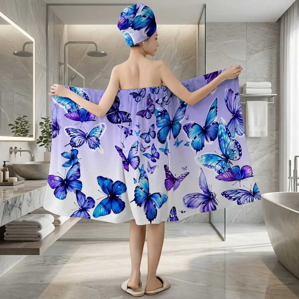 Premium Blue Purple Butterfly Bath Wrap Towel with Hair Turban, Plus Size M-XXXXL Soft Absorbent Shower Skirt, Bath Towels Wrap, Luxury Towel Wrap for Women, Ideal for Bathroom & Beach Use, Beachtowel