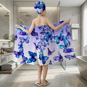 Premium Blue Purple Butterfly Bath Wrap Towel with Hair Turban, Plus Size M-XXXXL Soft Absorbent Shower Skirt, Luxury Towel Wrap for Women, Ideal for Bathroom & Beach Use