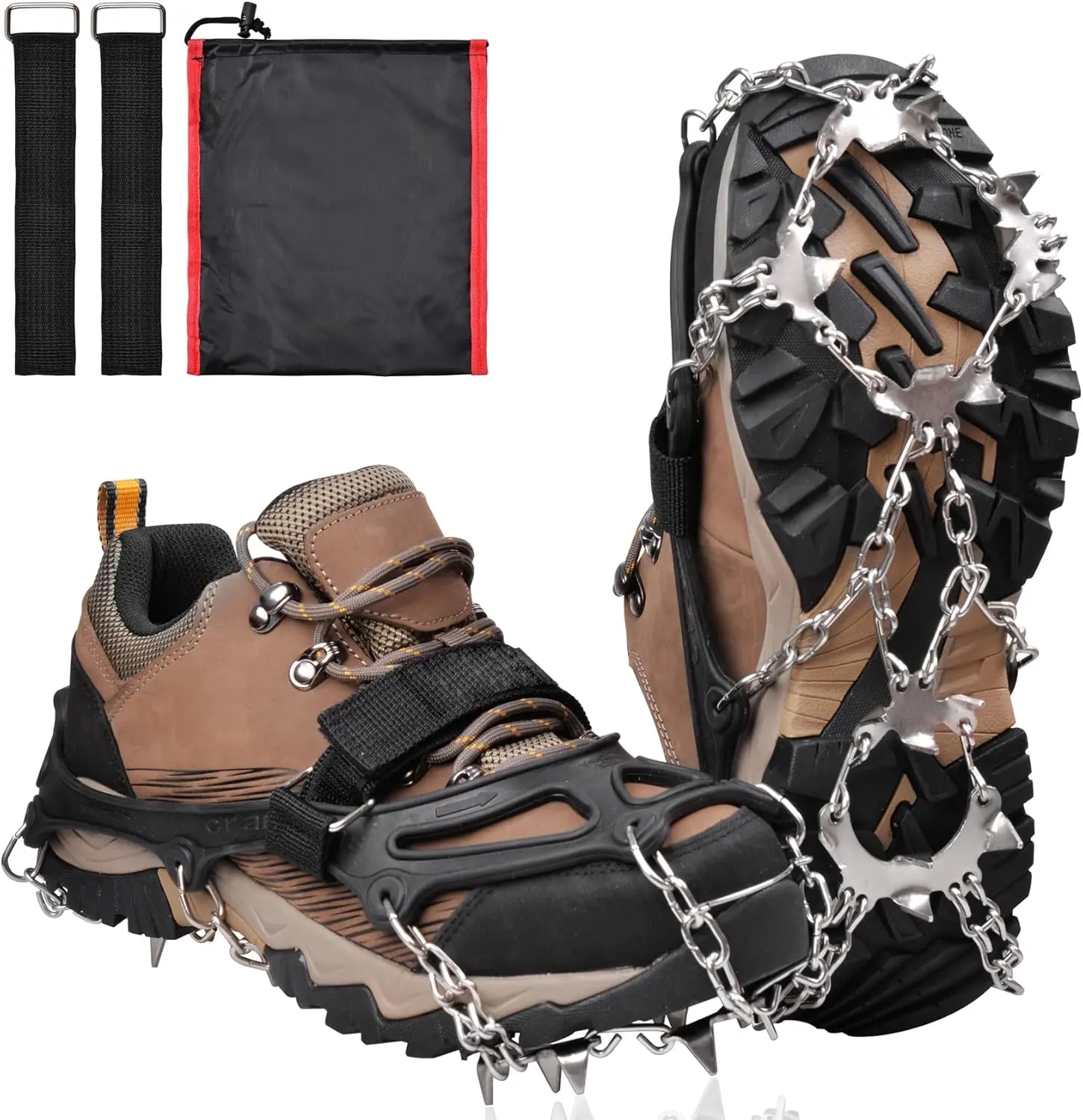 Crampons 19 Spikes Shoes Anti Slip Ice Cleats for Shoes and Boots, Traction Snow Cleats Crampons for Hiking Boots Women Men Safe Protect for Winter Walking Hiking Ice Fishing