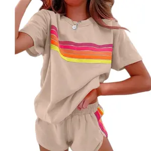 Women's casual outfit: Summer rainbow-striped top, casual shorts, sports shirt set