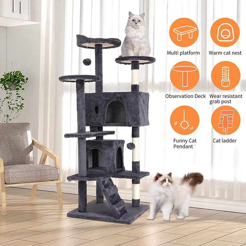 54in Cat Tree Tower, Scratch Posts, Condo, Toys, Dark Gray, Perfect for Active Cats