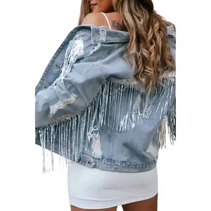 Sky Blue Sequin Embellished Fringe Distressed Denim Jacket