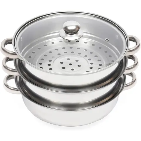 SummerVibes 12.8in Circular Form 3-Tier Polished Finish Stainless Steel Multi-Function Home Steamer Pot with Glass Lid - High Capacity Kitchen Cookware for Steamer Food, Vegetables, Stock