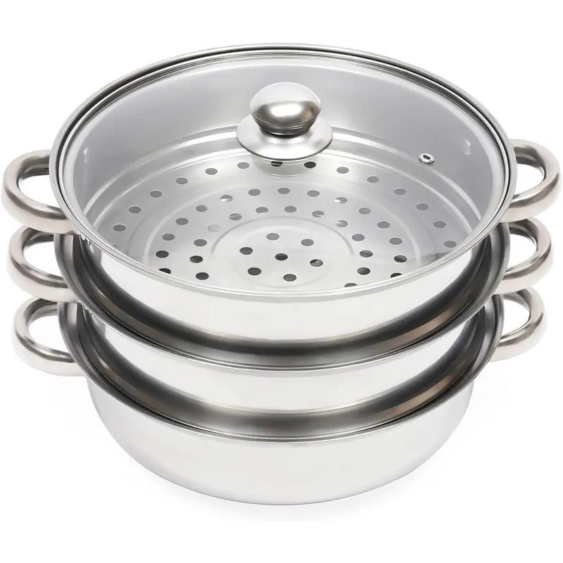 SummerVibes 12.8in Circular Form 3-Tier Polished Finish Stainless Steel Multi-Function Home Steamer Pot with Glass Lid - High Capacity Kitchen Cookware for Steamer Food, Vegetables, Stock