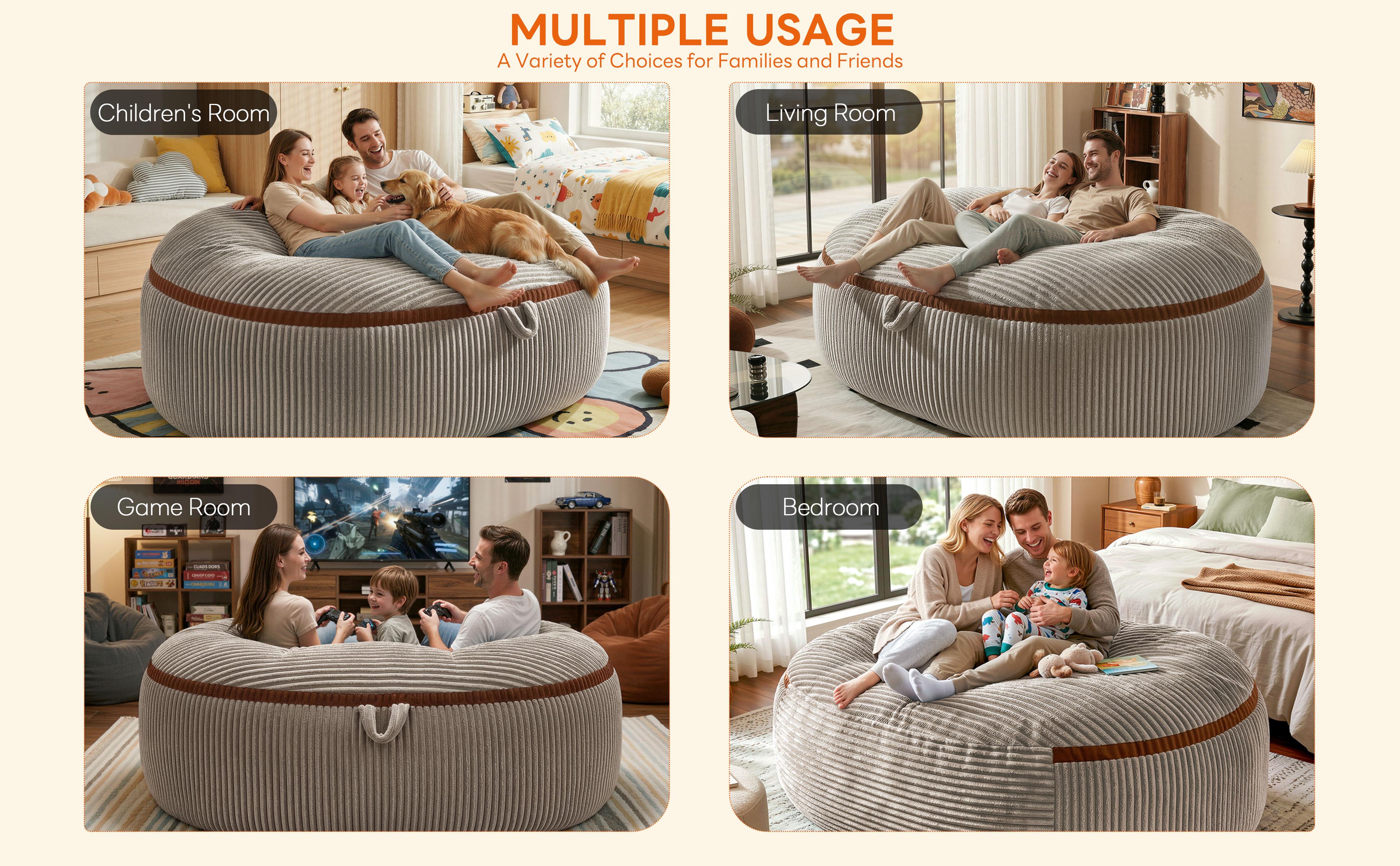 LIKIMIO 5/8FT Bean Bag Chairs with Machine Washable Removeable Flannel Cover & Memory Foam Filling, Large Giant Beanbag for Adults for Living Room, Bedroom (Grey)