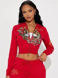 Tiger Pant Set - Red with Bold Tiger Graphic Design and Drawstring Detailing - Sweatshirt Zip-Up Hoodie & Flare Leg Pant - 55% Cotton 45% Polyester