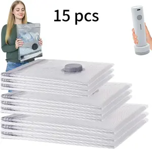 15-Pack Cordless Vacuum Storage Bags with Free USB Rechargeable Pump Compresses Up to 80% for Efficient Space Saving Waterproof & Reusable for Clothes Travel & Home Organization