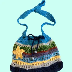 Handmade Crochet Crossover Handbag with Sea Colors Design - Small, Colorful Striped Pattern & Star Accent