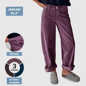 Flamingals Corduroy Mid Rise Straight Leg Pants Casual Everyday Wear Stretchy Multiple Colors Trouser Style