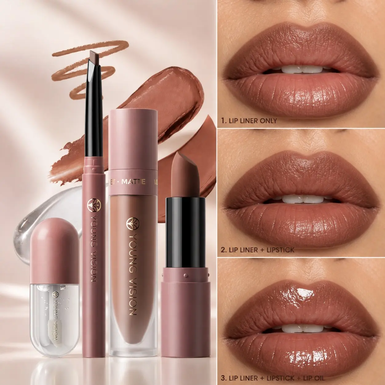 4Pcs 4-In-1 Lipcombo Set, Matte Lip Liner Pencil + Velvet Lipstick + Waterproof Transfer Resistant Lip Gloss + Hydrating Clear Lip Oil, Create Glossy Plump  Lips, Long Lasting Non Fade Lip Cosmetic Kit For Daily Makeup Lip Kits Signature Makeup Kit