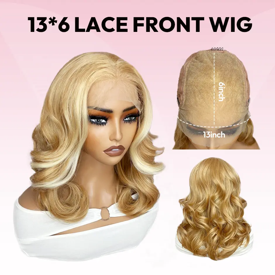 VSIGN Cream Blonde Platinum Honey Blonde Face Framing Layer 13x6 HD Lace Front Wig Middle Length Body Wave Money Piece Heat Resistant Fiber Synthetic Wig Hand Tied Natural Hairline Soft Texture Summer