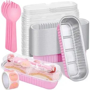 25Pack Pink Mini Cake Pans with Lids Mini Loaf Pans and Spoons and Stickers, 6.8Oz Aluminum Foil Pans Tins, Individual Dessert Cups Containers for Sales,Party,Picnics