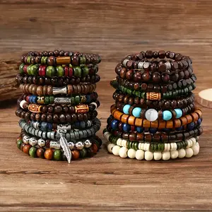 22-Piece Set Vintage Style Bohemian Wooden Beaded Bracelets, Synthetic Turquoise And Cat's Eye Beads, Fashionable Stacking Bracelet Set For Women Men Jewelry Hand Accessory Anklet Jade Green Lemon Jade