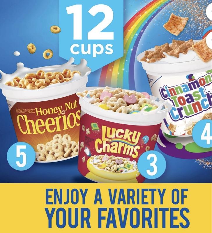 Cereal Cups Variety Pack 12 pk Includes Honey Nut Cheerios Lucky Charms & Cinnamon Toast Crunch