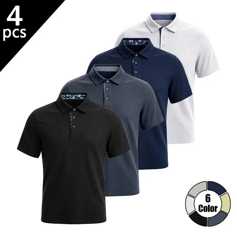 Clean Gent 4-Pack Men’s Stretch Polo Shirts with Digital Print Design, Classic Turn-Down Collar and Front Buttons, Casual Soft Breathable Tops for Summer—Ideal for Daily Wear, Outdoor Activities, Travel, Golf, and Work; Great Father’s Day Gift