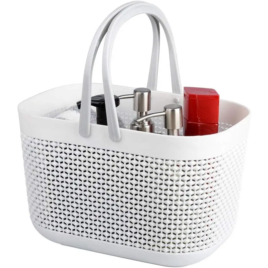 X-BS04 Square High-Density PP Plastic Eco-Friendly Modern Storage Baskets, Powerful Handle, 12.5"x7.5"x7" Waterproof Dustproof Movable Organizer Bins for Bathroom, Beauty Use (White, Pink)
