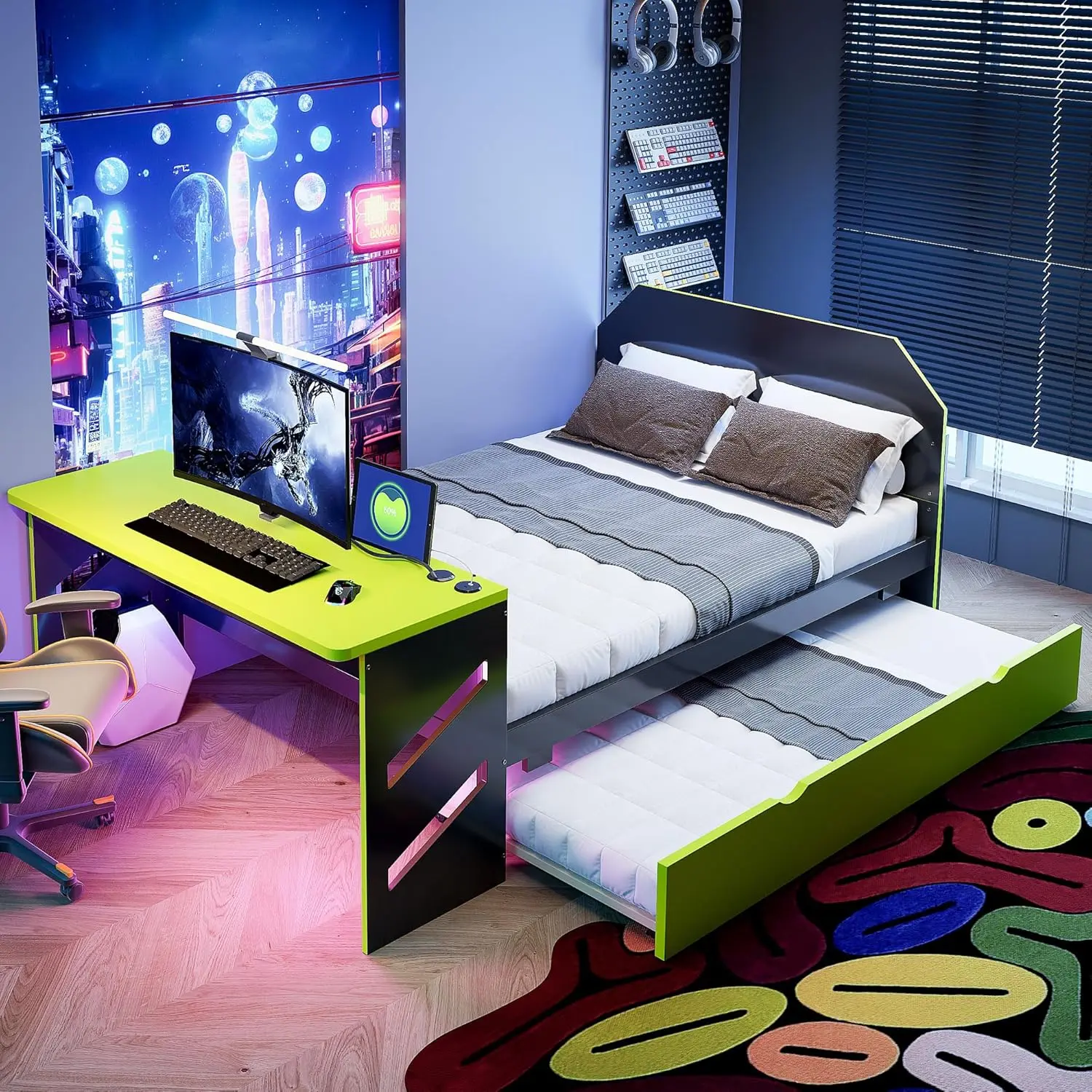 Full Gaming Bed with Desk and USB and Twin Size Trundle, Wood Gamer Bed, Full Beds with Desk, Black+Green