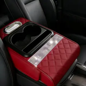 Luxury Rhinestone Car Armrest Storage Box with Cup Holders & Tissue Dispenser for Enhanced Car Organization and Glamorous Touch universal interior organizer center console cover multifunctional armrest box paper towel holder Leather cararmrest pady y